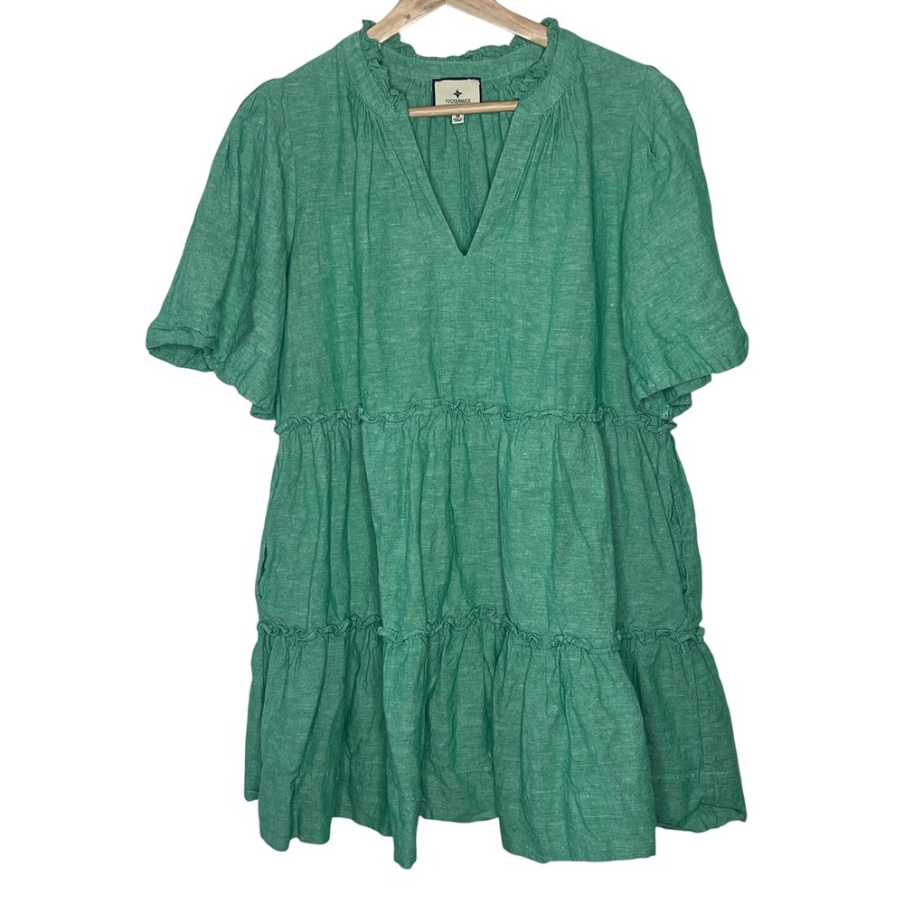Tuckernuck Green Linen Cotton Blend Tiered Ruffle V Neck Mini Dress Medium
